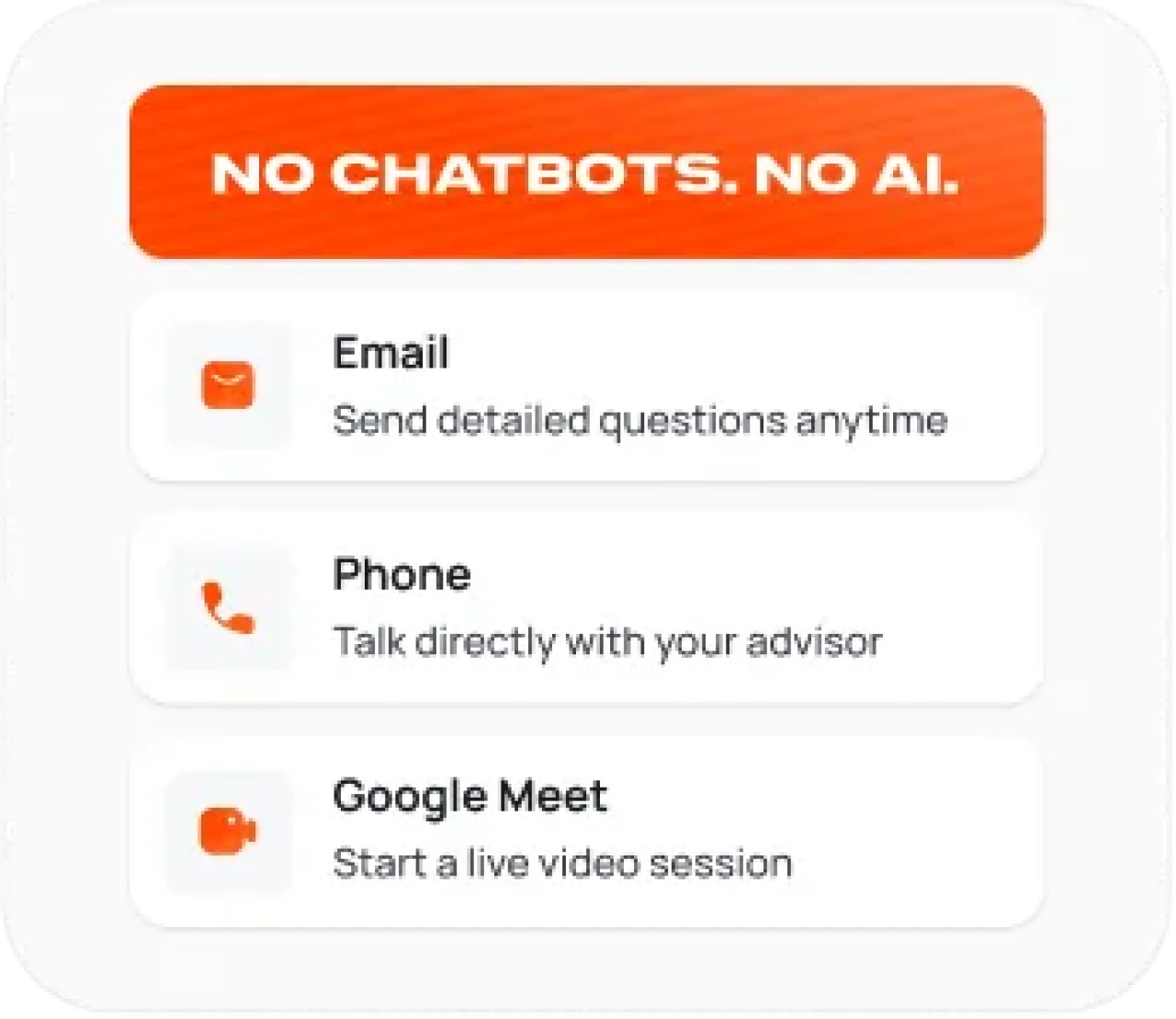 No chatbots, no AI message above three contact options: email for detailed questions, phone to speak with an advisor, and Google Meet for live video sessions.