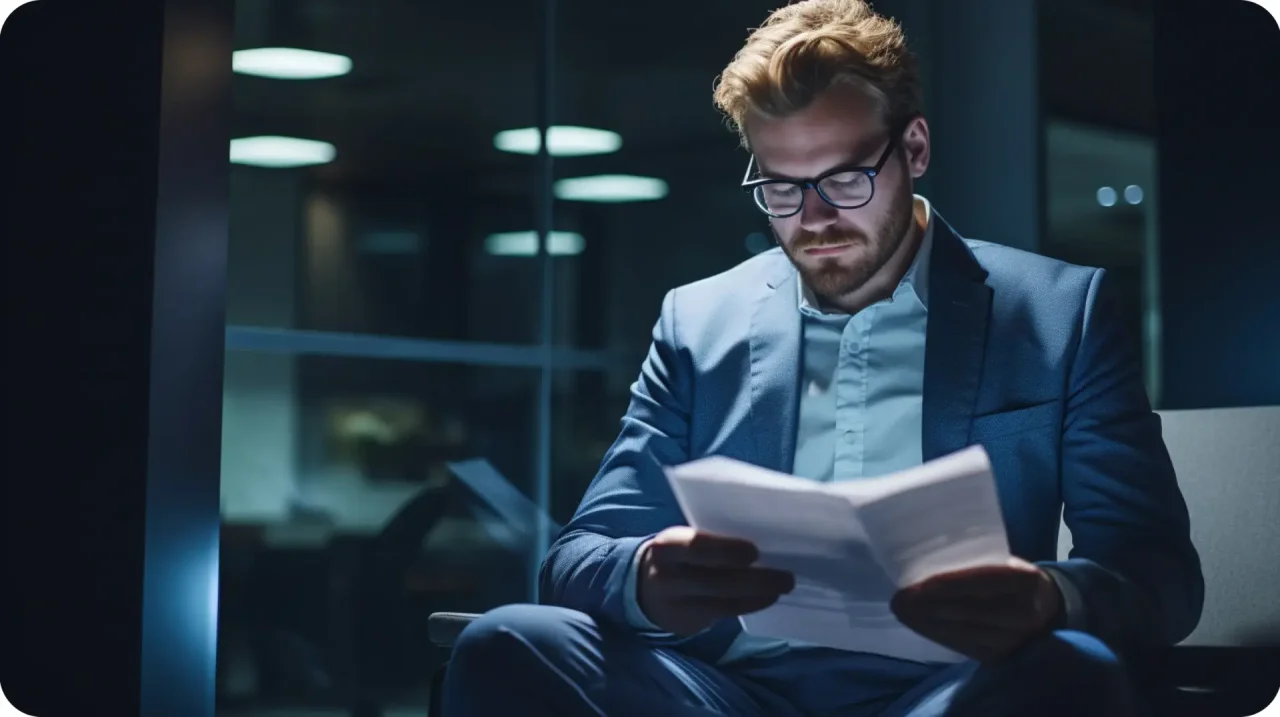 Businessman Reading Documents In Office At Night