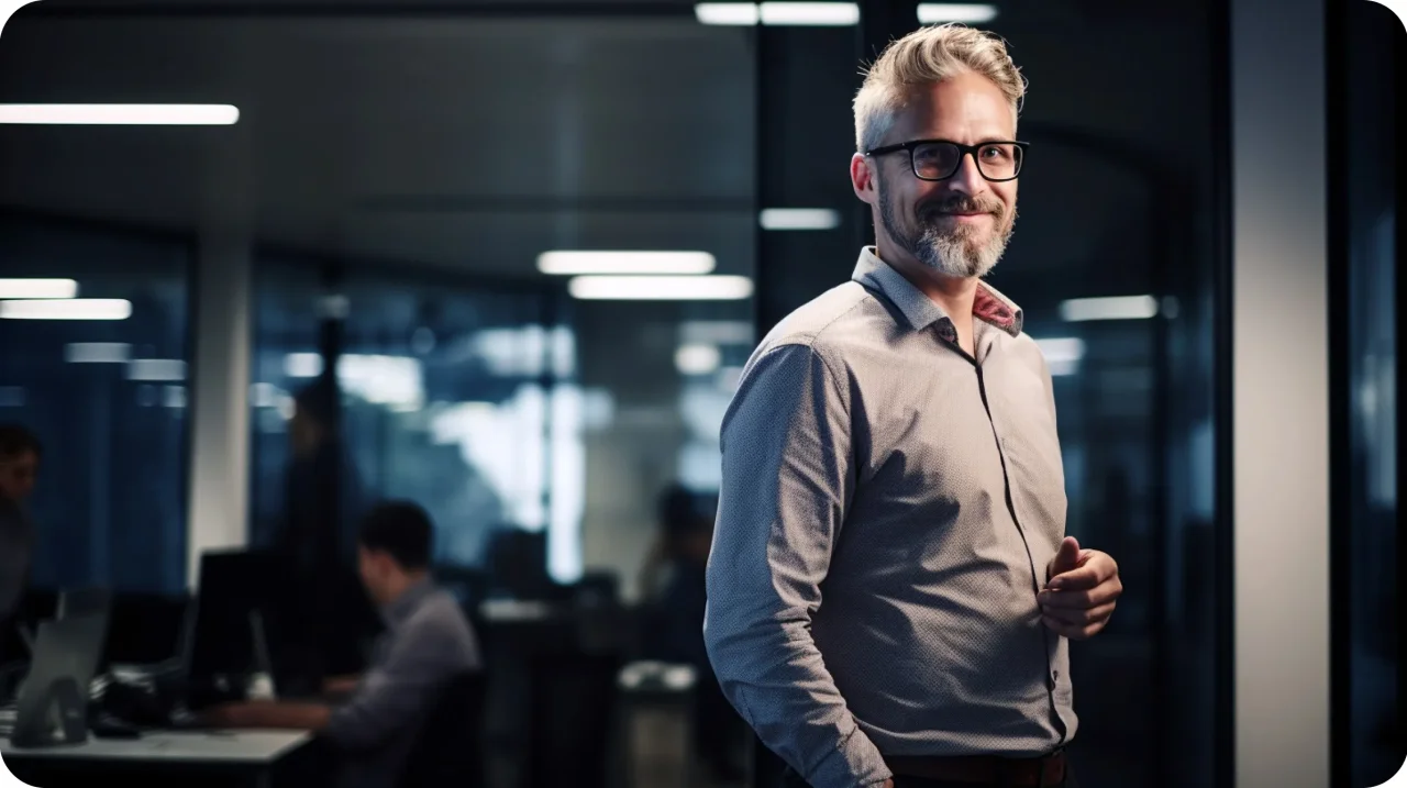 Elegant Man Smiling Camera Standing Office Space