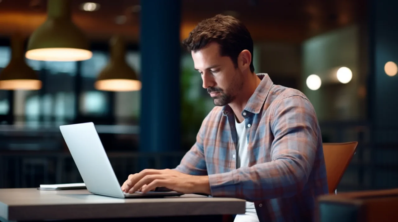 Man Sitting Table Laptop Focused Work