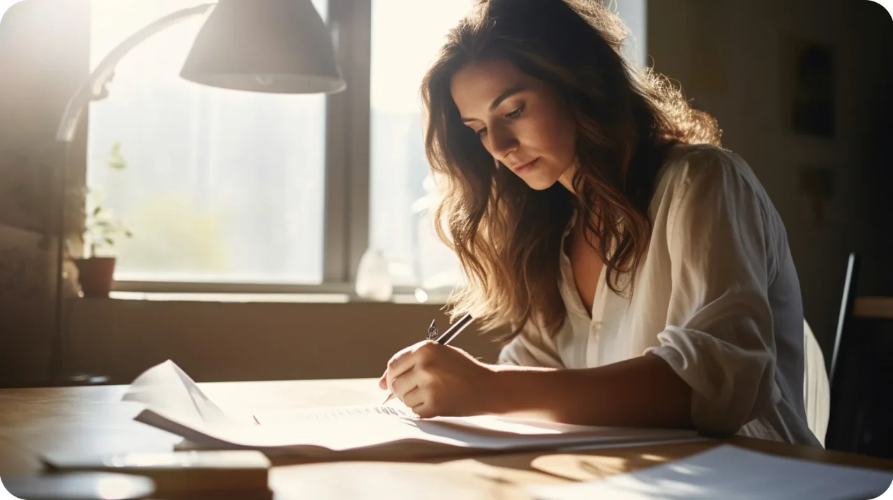 Woman Filing Company Papers Desk Window Background
