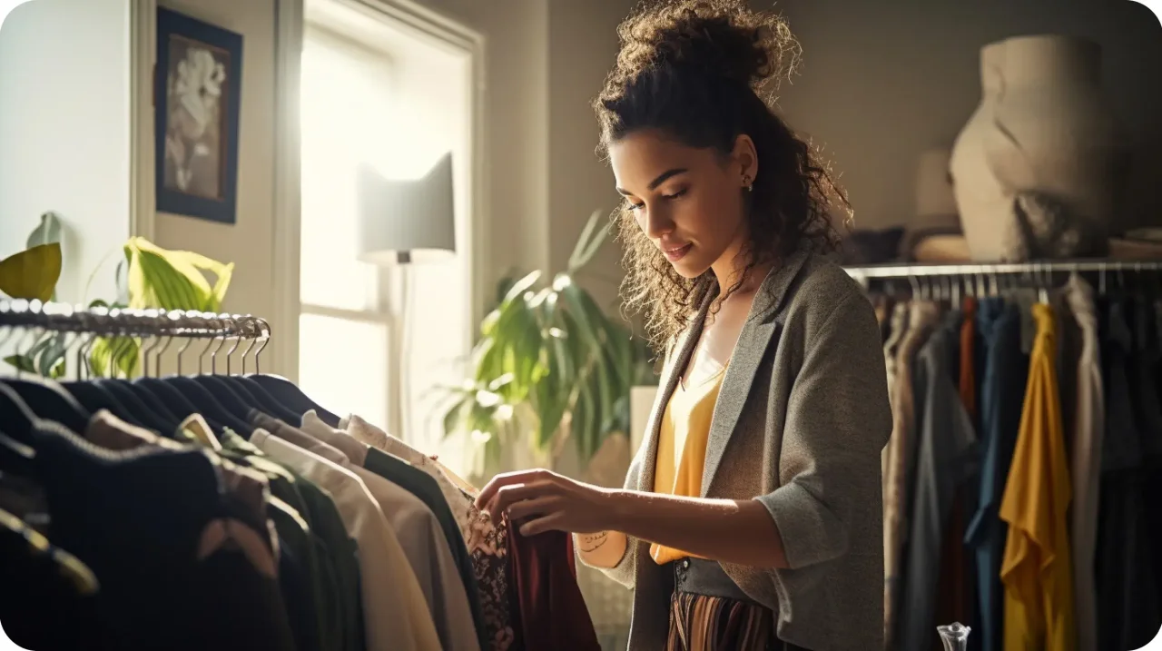 Woman browsing through clothing on a rack in a boutique, illuminated by warm natural light.