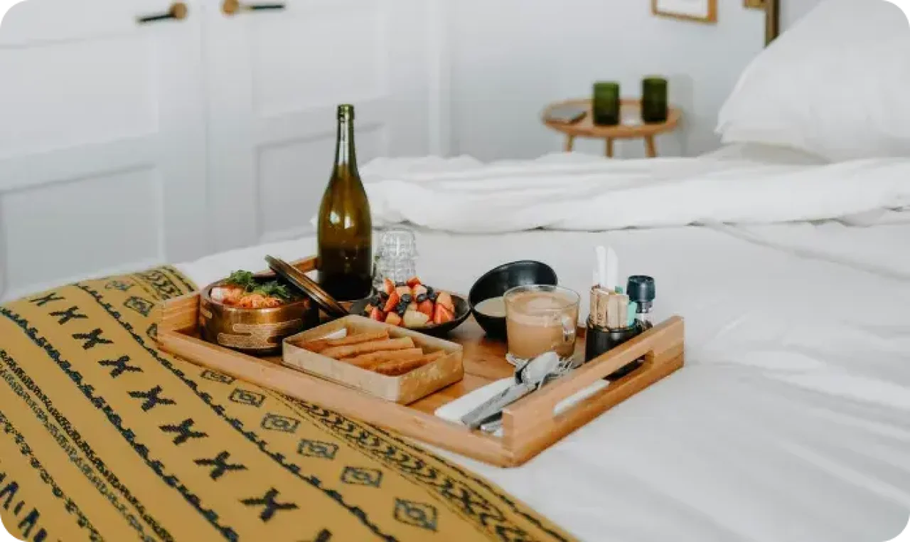 Elegant Breakfast Tray On Bed In Cozy Room 1767032164