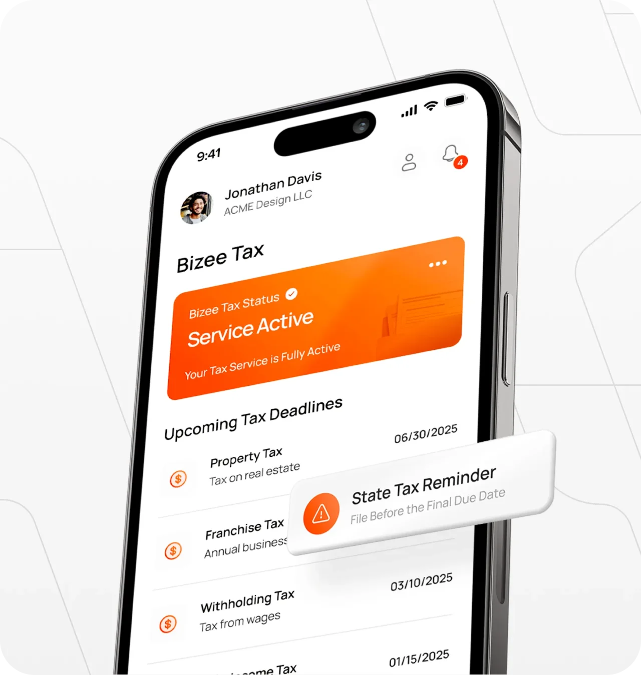 bizee-tax-mobile-dashboard-showing-active-tax-service-status-and-upcoming-deadlines-with-a-state-tax-reminder-notification
