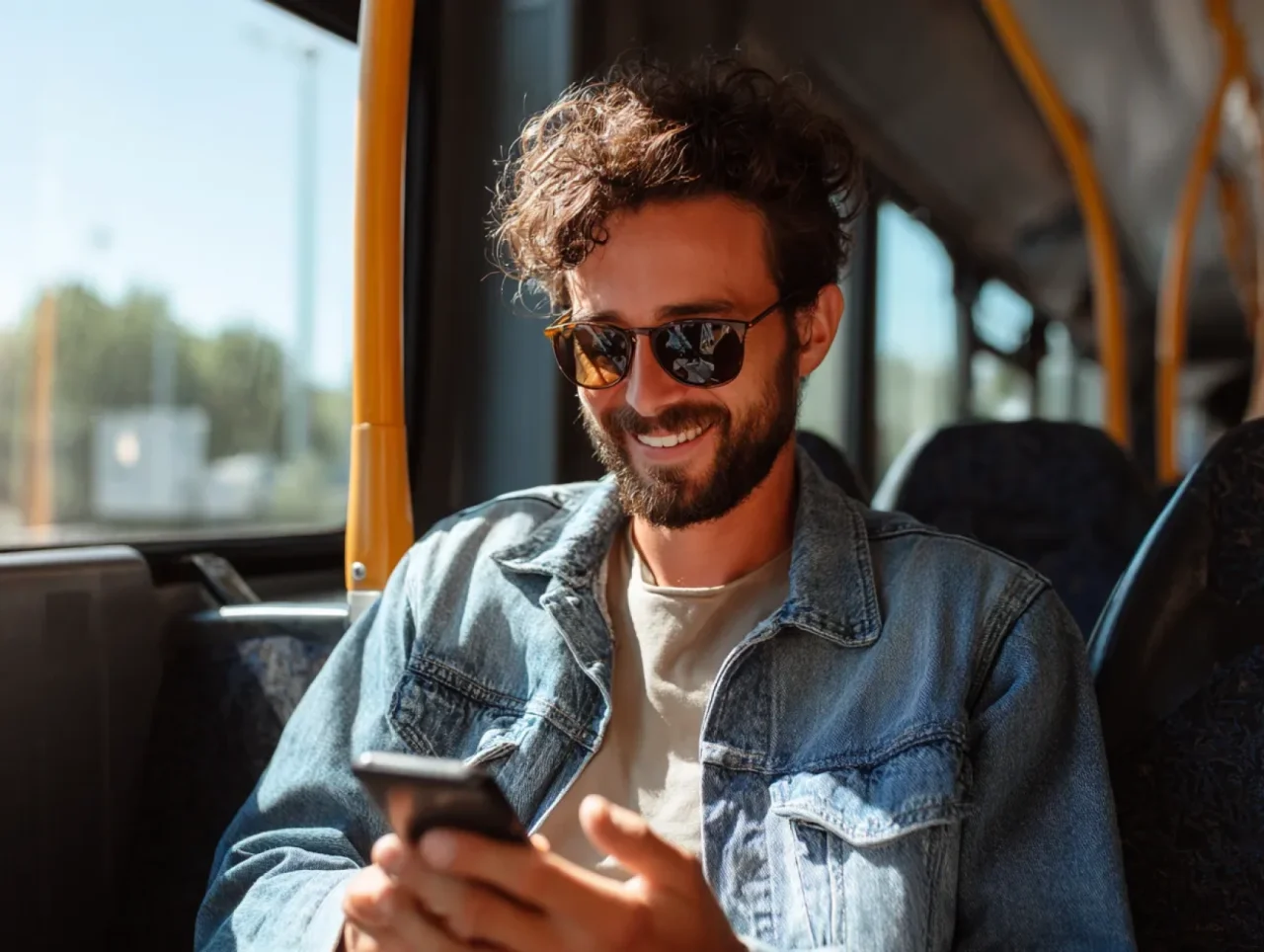 Smiling man wearing sunglasses and denim jacket using smartphone while riding a bus
