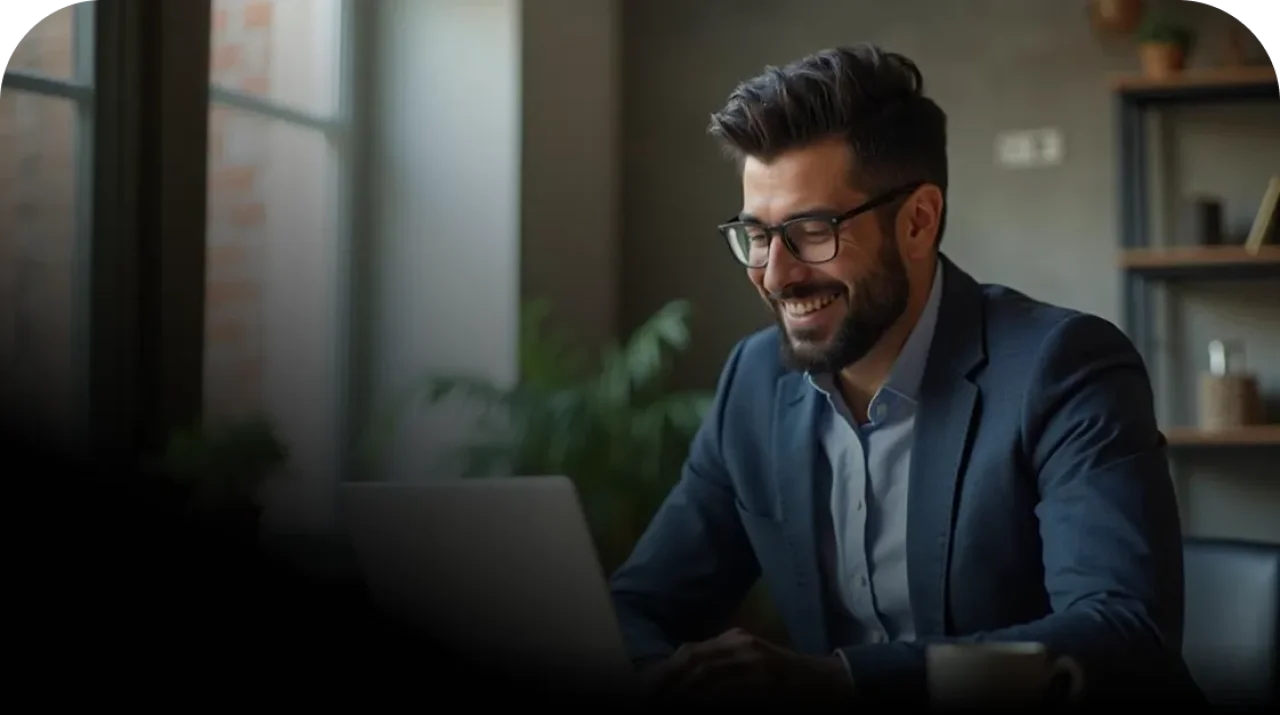Man Smiling At Laptop In Modern Office Mobile