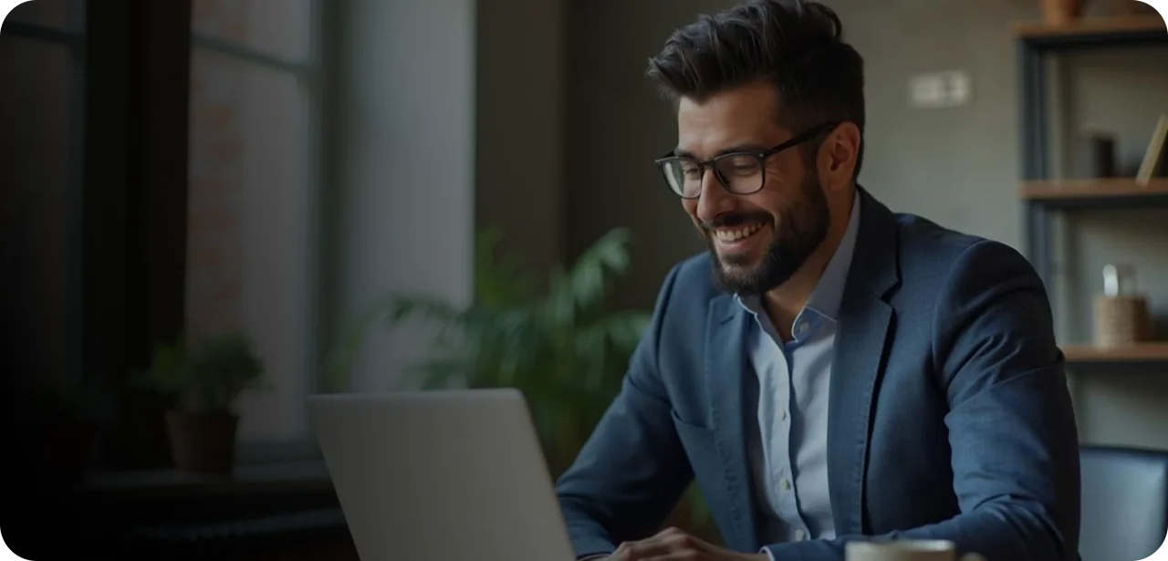 Man Smiling At Laptop In Modern Office