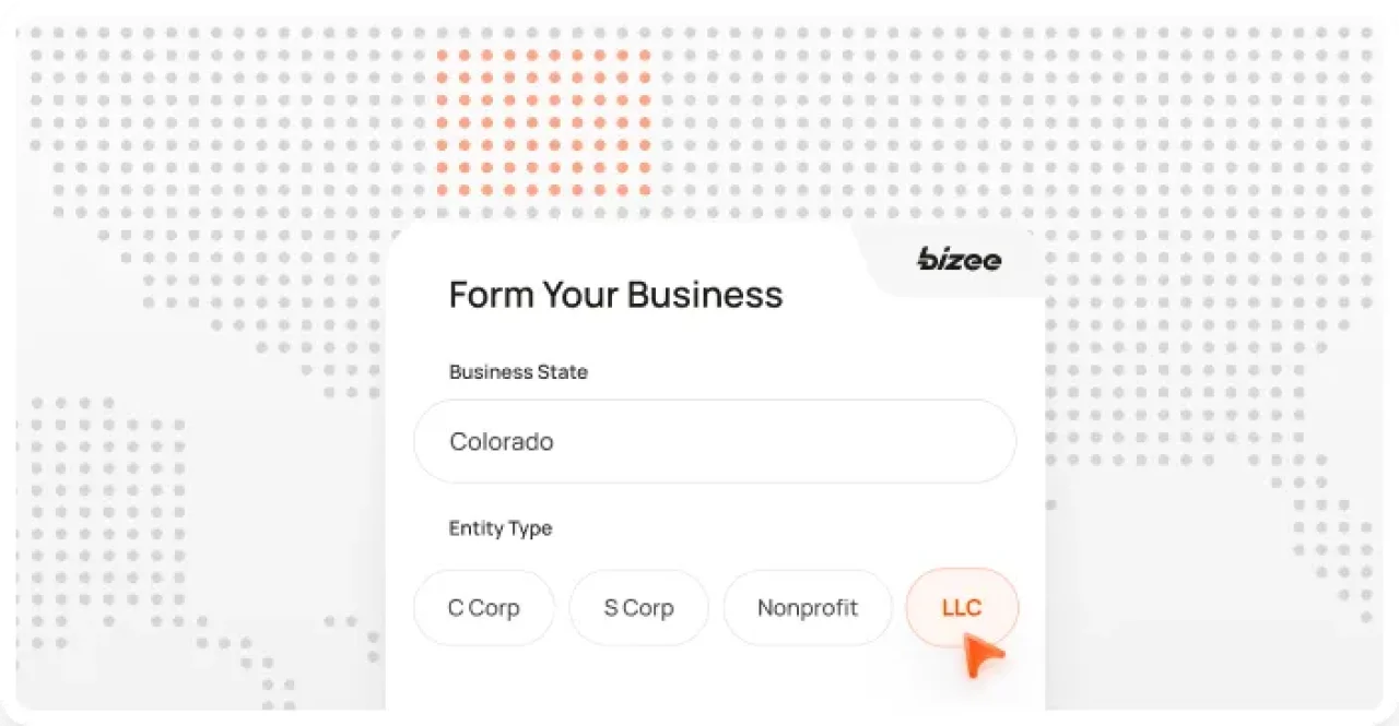 Mobile interface showing business formation form selecting Colorado and LLC.