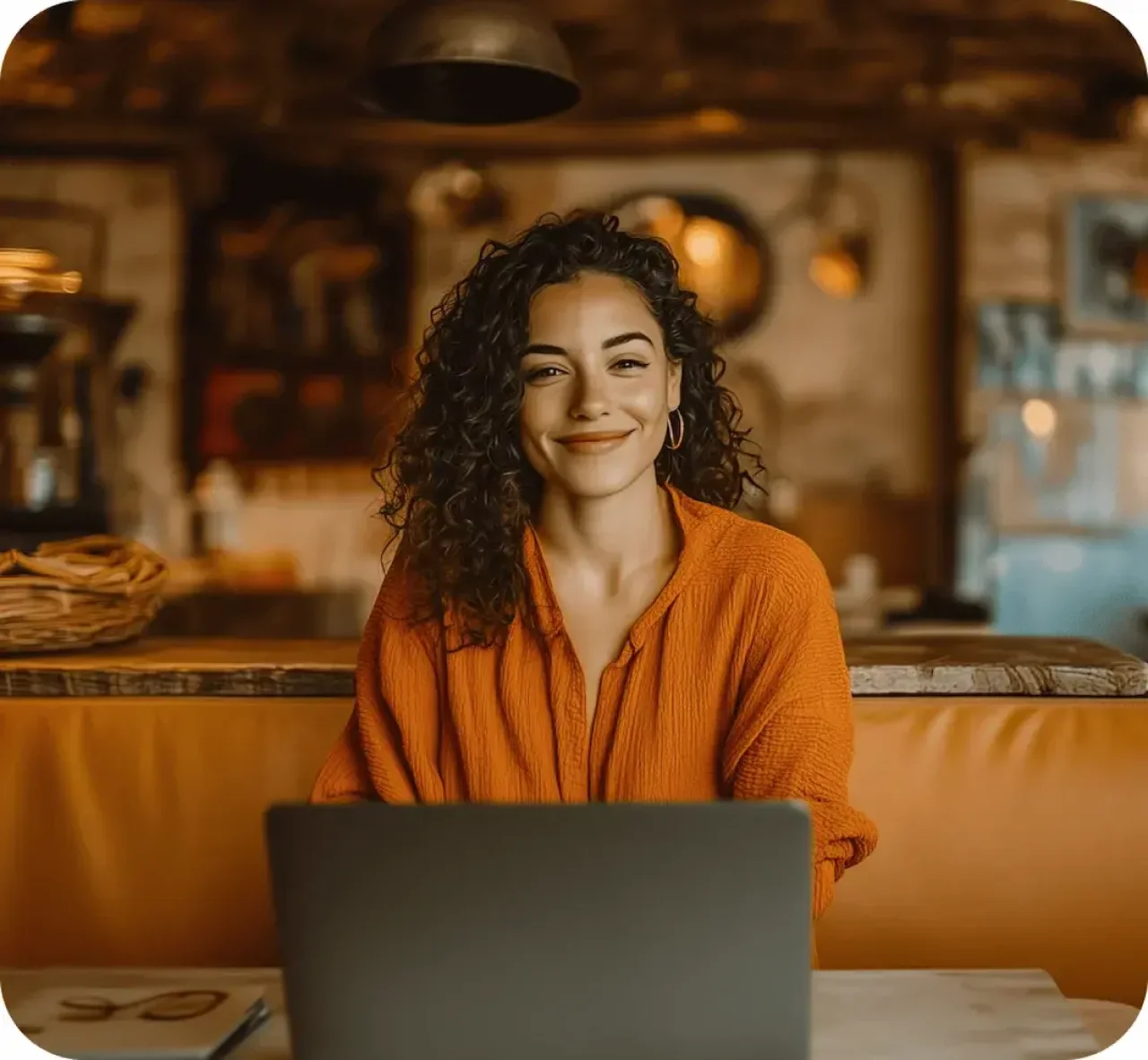 Young woman working on her laptop while sitting in a coffee shop